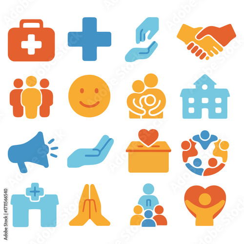 Community Care: A collection of diverse symbols related to helping others, healthcare, support, and compassion, illustrating core concepts of community aid and wellness.