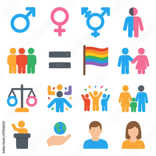 Inclusive Symbols: Diverse icons representing gender equality, LGBTQ+ rights, and human rights intertwine to advocate for a world of understanding and acceptance. 