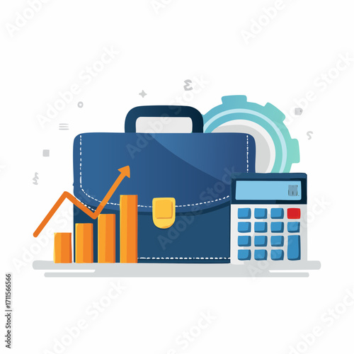 Flat illustration of business growth and financial strategy, featuring a briefcase, calculator, and ascending charts. Perfect for concepts of accounting, planning, and corporate success