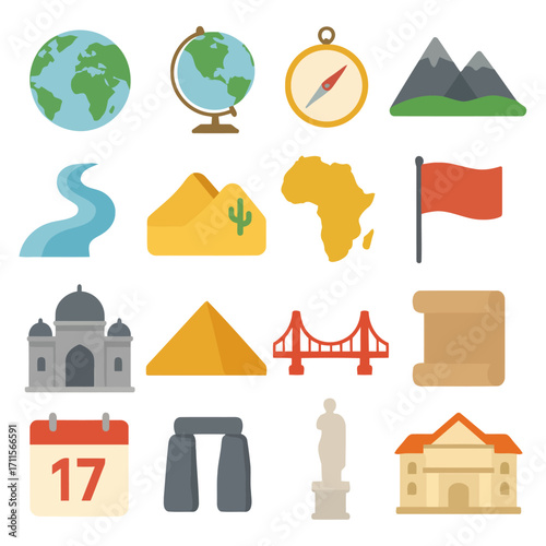 A World of Travel: A collection of travel icons, encapsulating the essence of world exploration, from the Earth, to the landmark and compass 