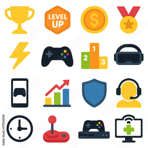 Gaming Icon Set: A vibrant collection of gaming-related icons, each meticulously designed to represent essential elements of the gaming world, providing versatile visual assets.
