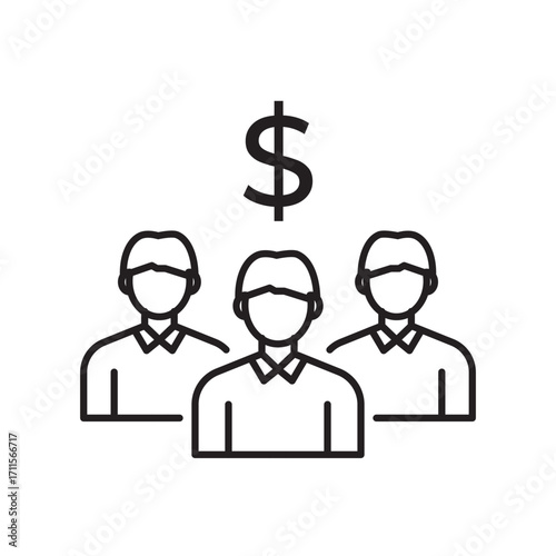 Line icon featuring three professionals united under a prominent dollar sign. Ideal for illustrating crowdfunding, team funding, venture capital, financial collaboration, and business partnerships.
