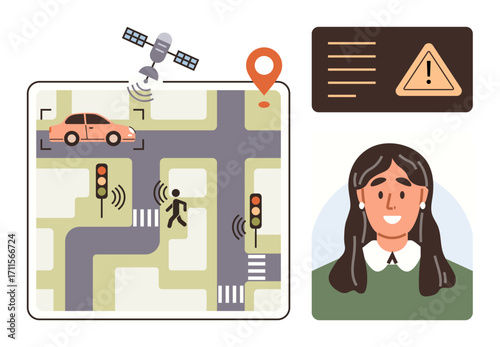Smart city map with car sensors, a satellite, a pedestrian crossing, traffic lights, a warning sign, and a smiling woman. Ideal for mobility, AI, urban planning IoT safety smart tech education