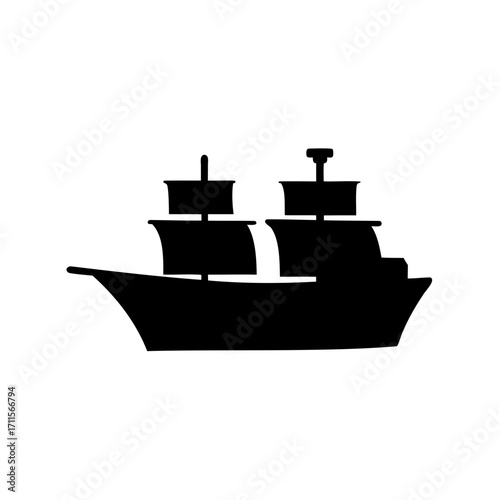 Silhouette of a majestic sailing ship with intricate details against white backdrop