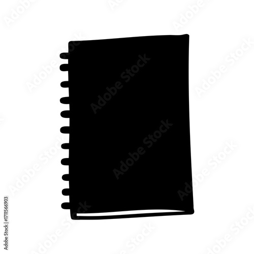 A simple drawing of a black colored spiral notebook on white background