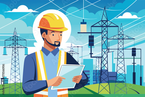 Electric worker using tablet to monitor power lines and equipment in the city on a sunny day