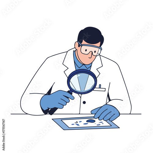 Cartoon lab worker in gloves examines slide spots with a magnifying glass with blue details