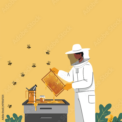 Beekeeper in full protective gear holds a honeycomb frame with dripping honey on yellow