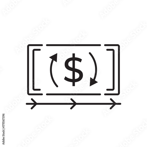 Line icon featuring a dollar sign encircled by bidirectional arrows within a framed structure. Perfect for illustrating money transfers, currency exchanges, financial transactions, and cash flows.