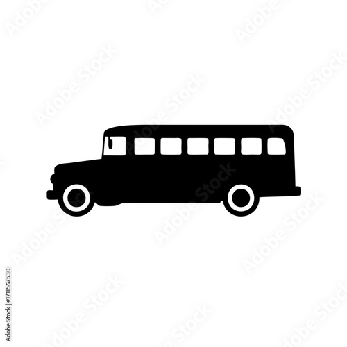 Silhouette illustration of an oldfashioned bus with multiple windows and tires