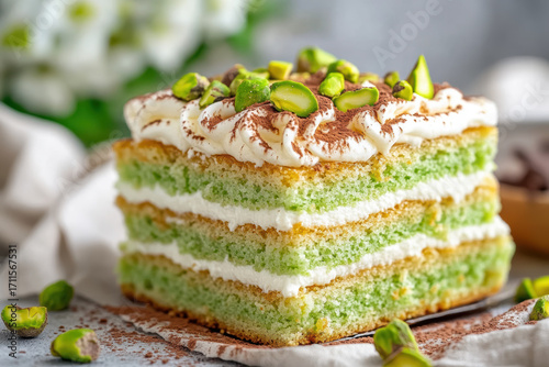 Wallpaper Mural A piece of tiramisu, layered with green cake and white cream on top, sprinkled with pistachios and chocolate. AI generative. Torontodigital.ca