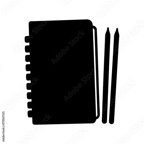 Monochrome image of a spiral notebook and two pencils creating a black silhouette