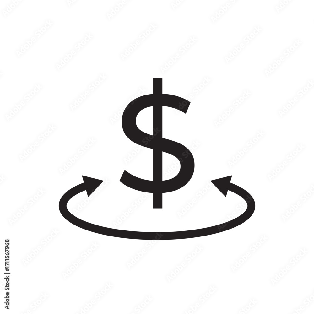 Obraz premium Line icon showing a dollar sign encircled by a rotating arrow. Perfect for symbolizing money circulation, refunds, currency exchange, financial recycling, cash flow, economic cycles, and investment.