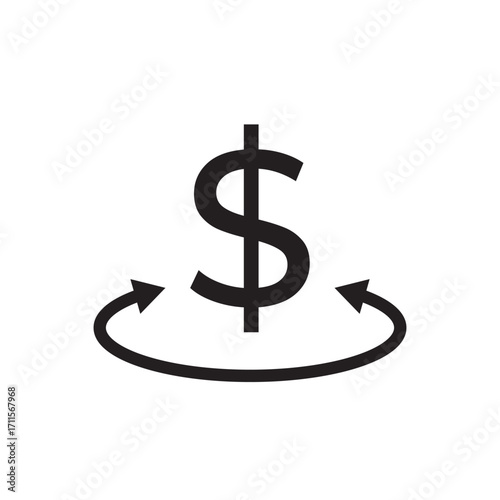 Line icon showing a dollar sign encircled by a rotating arrow. Perfect for symbolizing money circulation, refunds, currency exchange, financial recycling, cash flow, economic cycles, and investment.