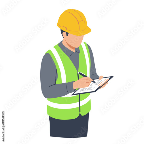 An isometric illustration depicts a diligent construction worker or engineer in a hard hat and safety vest, meticulously reviewing plans on a clipboard.