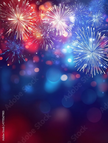Colorful fireworks exploding in a vibrant night sky with bokeh light effects