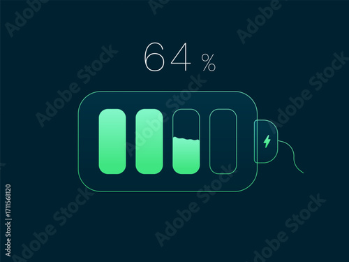 Electric Vehicle battery charging Dashboard Interface with green energy charging progress battery in Outline battery storage vector design concept. Battery charging for ui, industry, application, web.