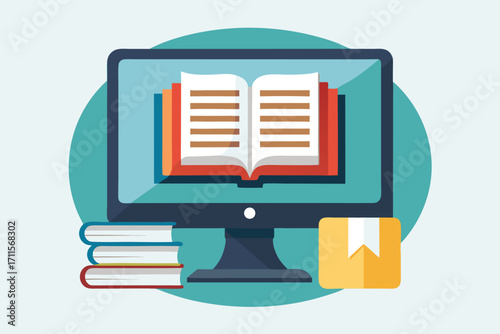 Online learning platform with books and a computer screen displaying an open book