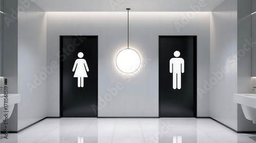 Fototapeta Naklejka Na Ścianę i Meble -  Sleek Unisex Restroom Design Featuring Gendered Doors and Bright Lighting
