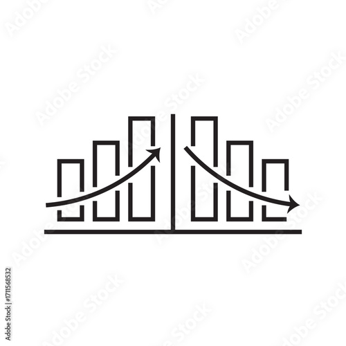 Line icon of a symmetrical bar graph rising to a peak then declining, accented by directional arrows. Ideal for visualizing market volatility, economic cycles, trend reversals. and financial metrics.