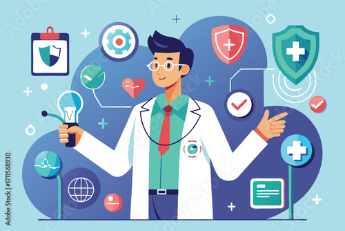 Healthcare professional presents innovative ideas in a modern medical setting with technology and symbols