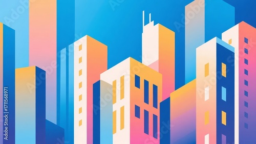Colorful abstract cityscape with modern buildings and gradient hues