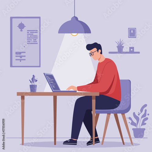 Man sits at desk using laptop under pendant light, with plant decor, on a purple background
