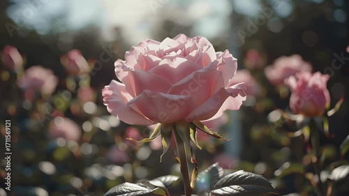 A Single Pink Rose in a Garden