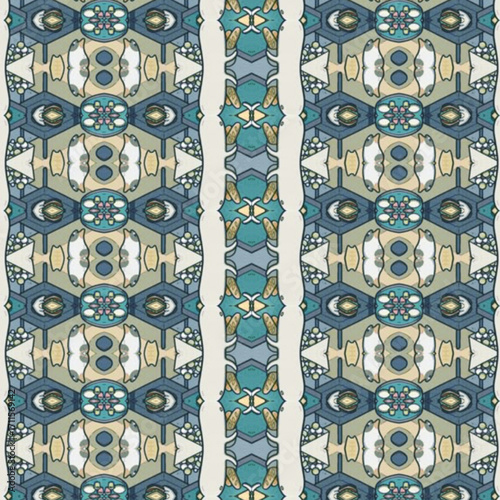 Seamless geometric pattern with teal, beige, and gray hues forming a kaleidoscope effect. Ideal for textile, wallpaper, or digital backgrounds. Pattern, Seamless, Geometric, Kaleidoscope, Abstract