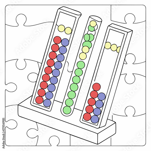 Colorful balls sorted in tubes on a puzzle background educational game concept