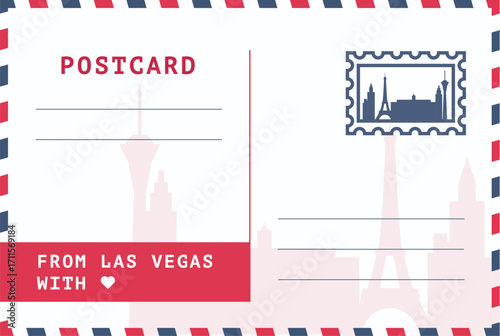 From Las Vegas, USA postal card template. Vector postcard illustration with stamp, landmark, message. Simple flat Nevada greetings image layout