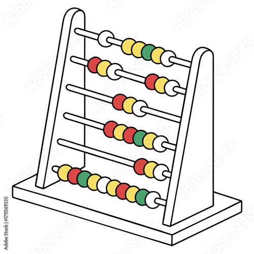 Colorful wooden abacus with red yellow and green beads on white background
