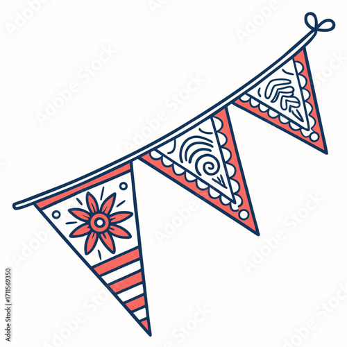 Hand drawn decorative bunting flags with floral and abstract patterns in coral and navy blue