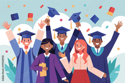 Students celebrate graduation day with caps, diplomas, and smiles under a bright sky