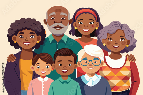 Group of diverse people smiling together in a joyful family gathering moment in a warm setting
