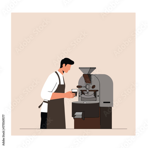 Line art illustration of barista in apron near a coffee roasting machine, holding coffee