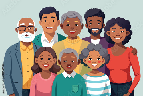 Diverse group of friends and family posing together in a cheerful gathering at home
