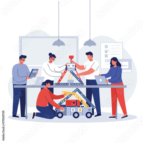 Group of people constructing a complex mechanical robot together in an office setting