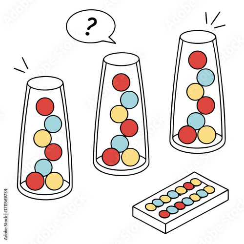 Three colorful balls in glass tubes with a question mark and a tray of balls
