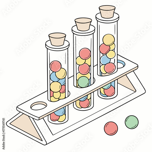 Three glass test tubes filled with colorful round candies on a wooden stand