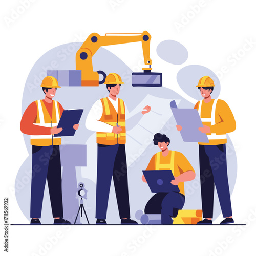 Construction professionals in safety gear collaborate on a building project, reviewing plans and utilizing modern technology for efficient work.