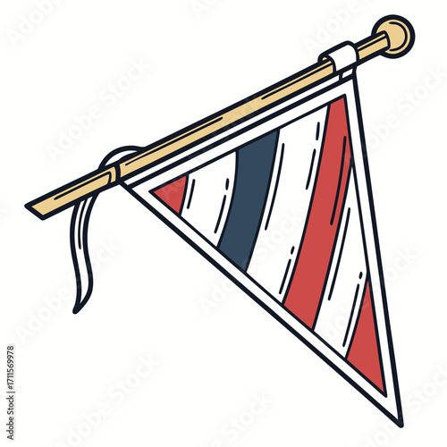A triangular pennant flag with red white and blue stripes attached to a wooden pole