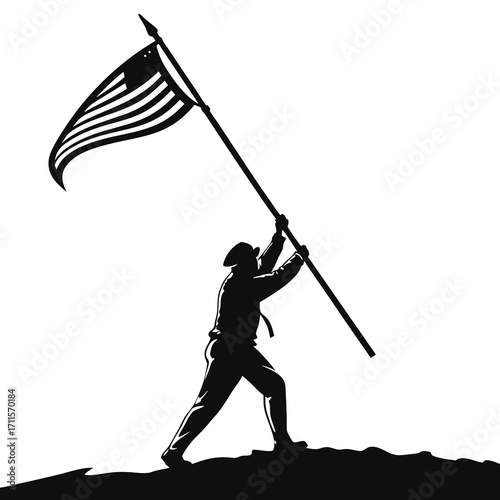 Silhouette of a determined person raising the american flag on a hilltop