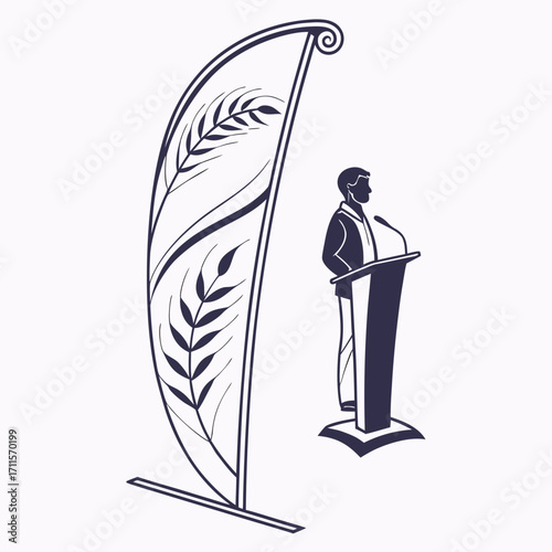 Silhouette of a man speaking at a podium next to a stylized banner with wheat stalks