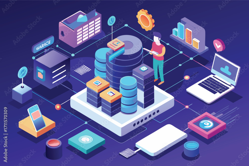 Obraz premium Modern digital data storage and analysis in a vibrant tech infographic setting