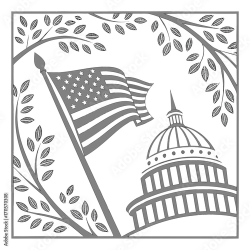 Stylized american flag waves proudly next to the united states capitol building surrounded by decorative branches and leaves