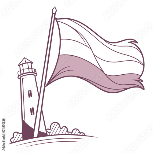 Stylized illustration of a lighthouse with a large flag waving in the wind