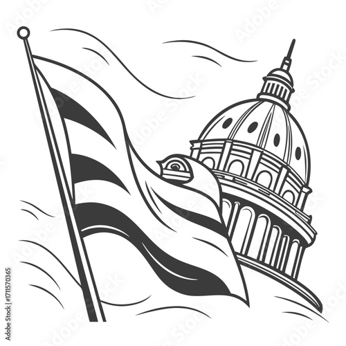 Stylized illustration of a waving american flag in front of a domed government building