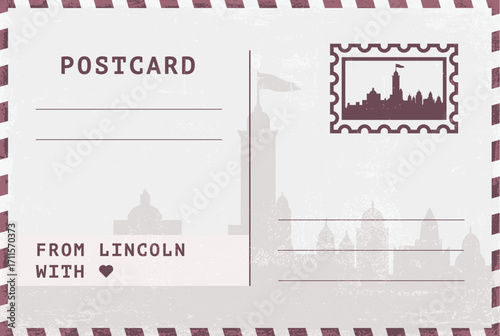 From Lincoln, USA postal card template. Vector postcard illustration with stamp, landmark, message. Flat Nebraska greetings image layout
