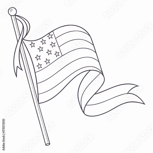 Waving american flag outline with stars and stripes on a pole and ribbon
